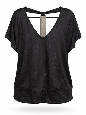 Reitmans Plus Black V-Neck Blouse 2X Rhinestone Back Detail Stretch Top